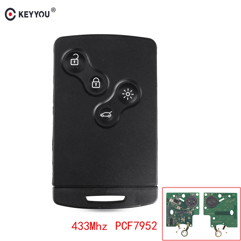 Baratos KEYYOU 3 5 piezas Tarjeta de llave remota para coche 4 botones para Renault Megane escénica Laguna Koleos Clio 433 Mhz PCF7952 Chip con Smart hoja