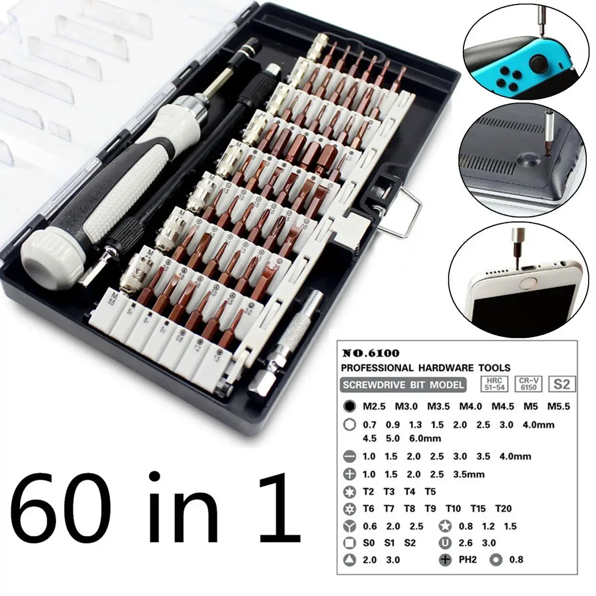 

60 in 1 Chrome Vanadium Precision Screwdriver Tool Kit Magnetic Screwdriver Set for Phone Tablet Compact Repair Maintenance Tool