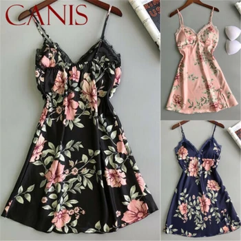 

2019 Summer New Sexy Women's Floral Satin Silk Lace Skirt Lingerie Nightdress Sleepwear