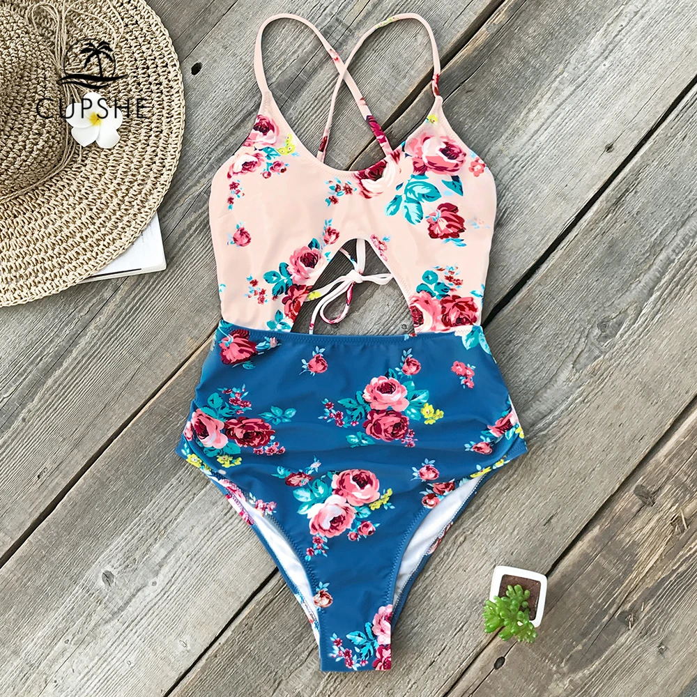 

CUPSHE Sexy Pink And Blue Floral One-Piece Swimsuit Women Cut out Monokini Bathing Suits 2019 Girl Beach Swimwear