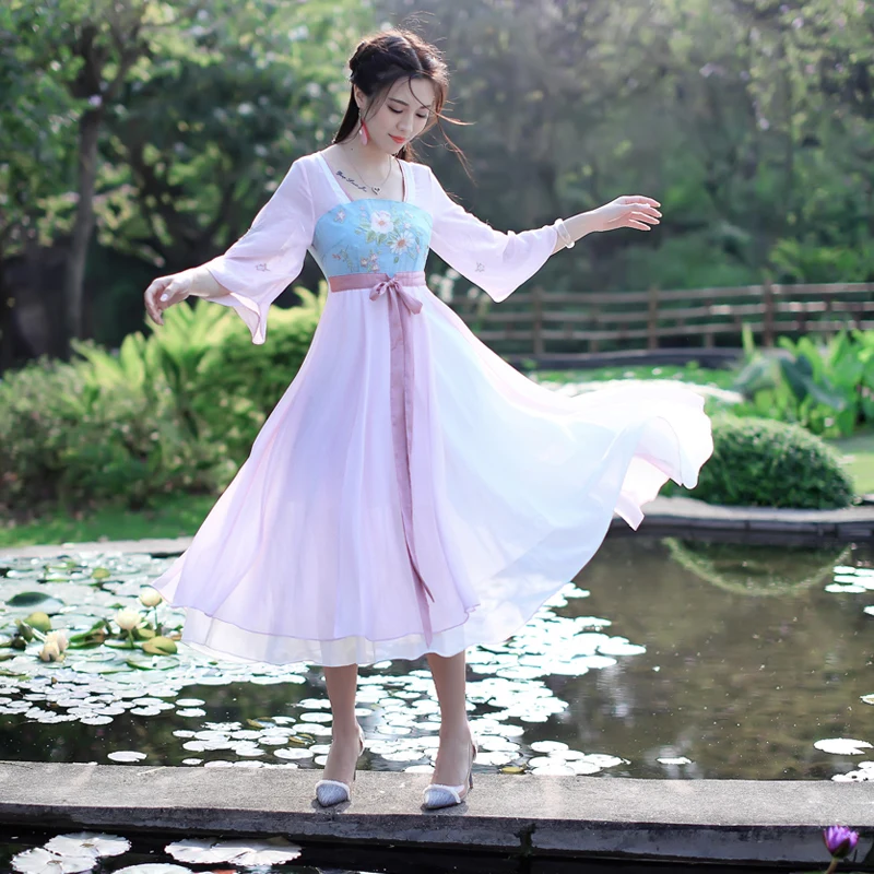 

cosplay costumes Traditional Chinese clothing women summer vintage ethnic square collar three quarter sleeve pink dress