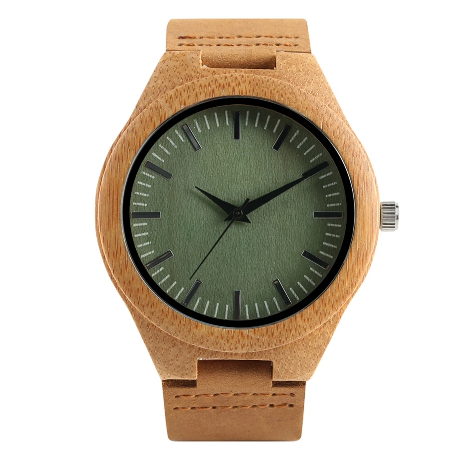 

Elegant Bamboo Wood Men's Wristwatch Leather Strap Green / Brown Round Dial Simple Design Hot Sale Man Woman Cool Birthday Gifts