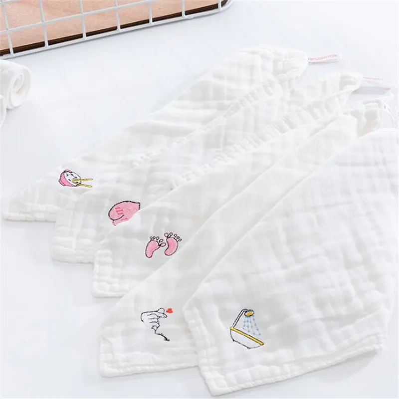  5PCS/LOT 100% Cotton Baby Wipes Muslin Cloth Squares Handkerchief Embroidery Pattern Baby Washcloth