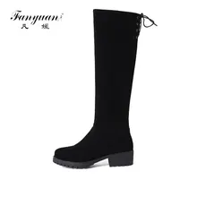 Fanyuan/ г. модные женские сапоги из флока зимние сапоги до колена на молнии с круглым носком на квадратном каблуке женские сапоги для верховой езды