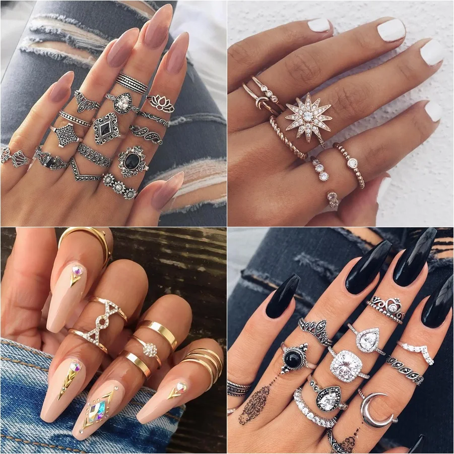 

Bohemian Retro Crystal Flower Leaves Hollow Lotus Gem Silver Ring Set Women Wedding Anniversary Gift