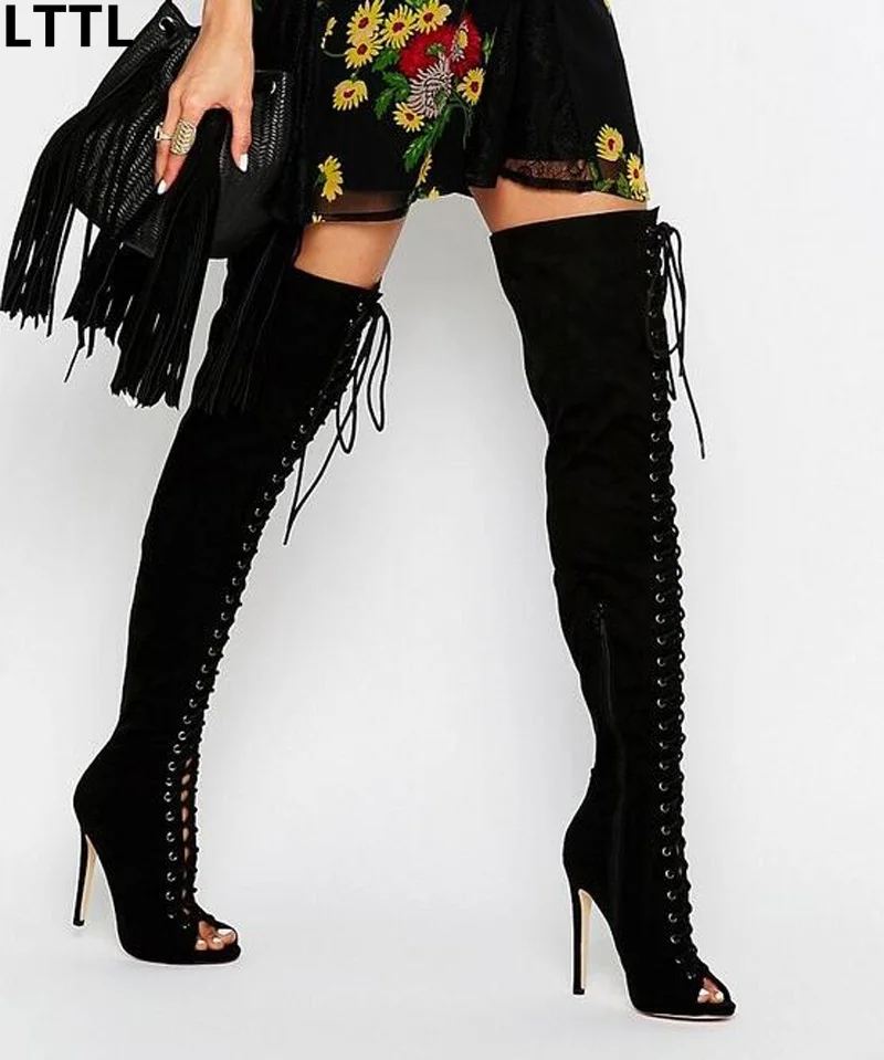 Peep Toe Over The Knee High Boots Woman Shoes Lace-Up Black Solid Suede Super High Heel Boots Lady Sexy Shoes Women New Design
