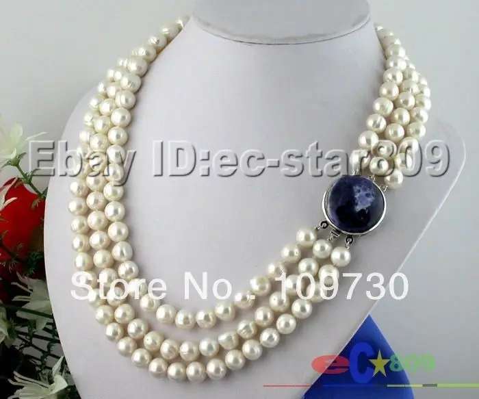 

Jewelry 001072 3strands 11mm white round FW pearl necklace