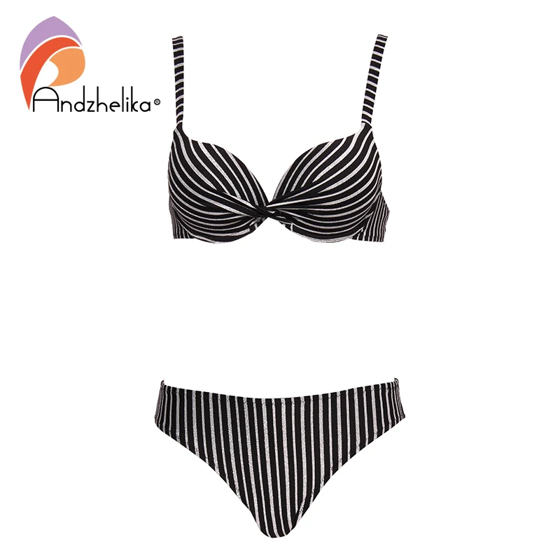 

Andzhelika Women New Bikini Set Sexy Brazilian Striped Swimsuit Push Up Bikini Mid Waist Bathing Suits Swimwear Female Monokini