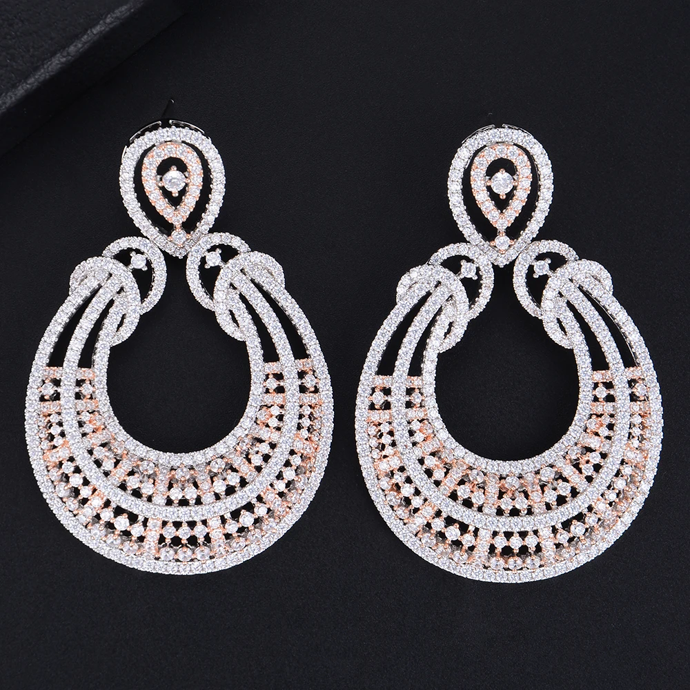 

Bicolors Trendy Geometry Pierced Hollow Pendant Cubic Zirconia Dangle Drop Earrings For Women Girls