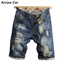 Мужские модные рваные и потёртые прямые джинсовые шорты с дырками, брендовая одежда, шорты для мужчин, синие джинсы