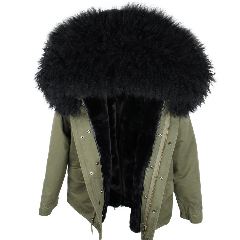 Parka Real Fur Coat Winter Jacket Women Real Mongolia Sheep Fur Parkas Thick Warm Luxury Detachable Outerwear Streetwear - Цвет: green black