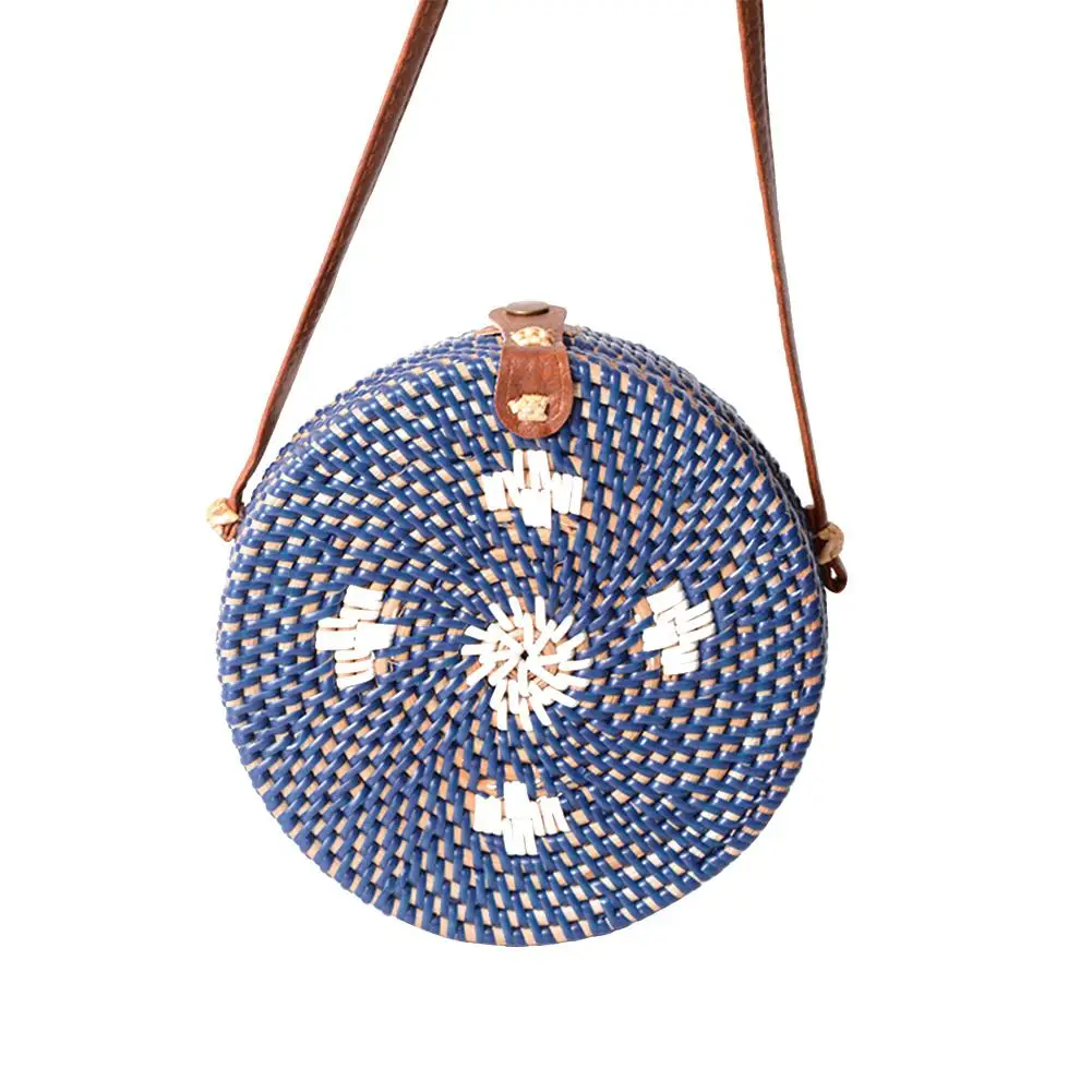 

Summer Circle Bohemia Women Hand-Woven Bag Casual Straw PU Leather Shoulder Strap Vintage Rattan Round Bali Bag