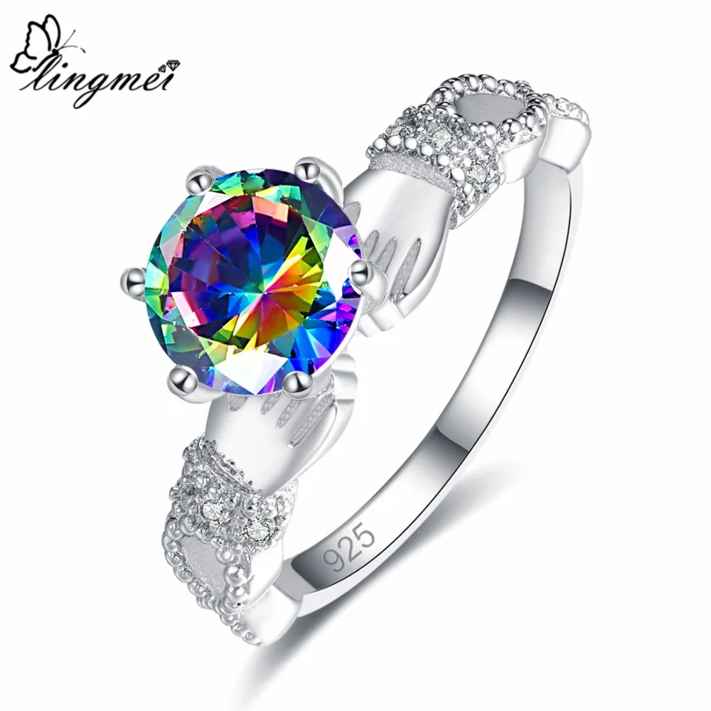 Lingmei Прямая поставка Claddagh модное круглое кольцо цвета радуги синего и белого