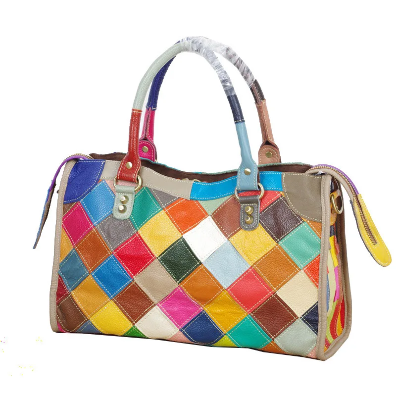 

YIQIN BERYL Women Multi-color Cow Genuine Leather Handbag Color Blocking Crossbody Bag Totes Matching Colorful Shoulder Bag