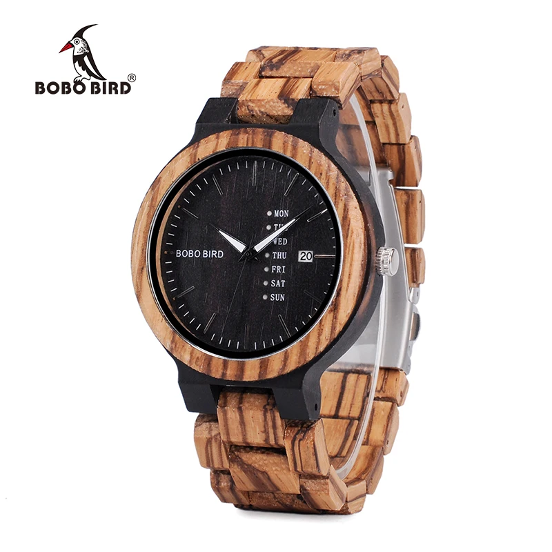 BOBO BIRD O26-2 Men's Wood Dress Analog Watch With Week Display Casual Quartz Watch Ship from Spain In Gift Box