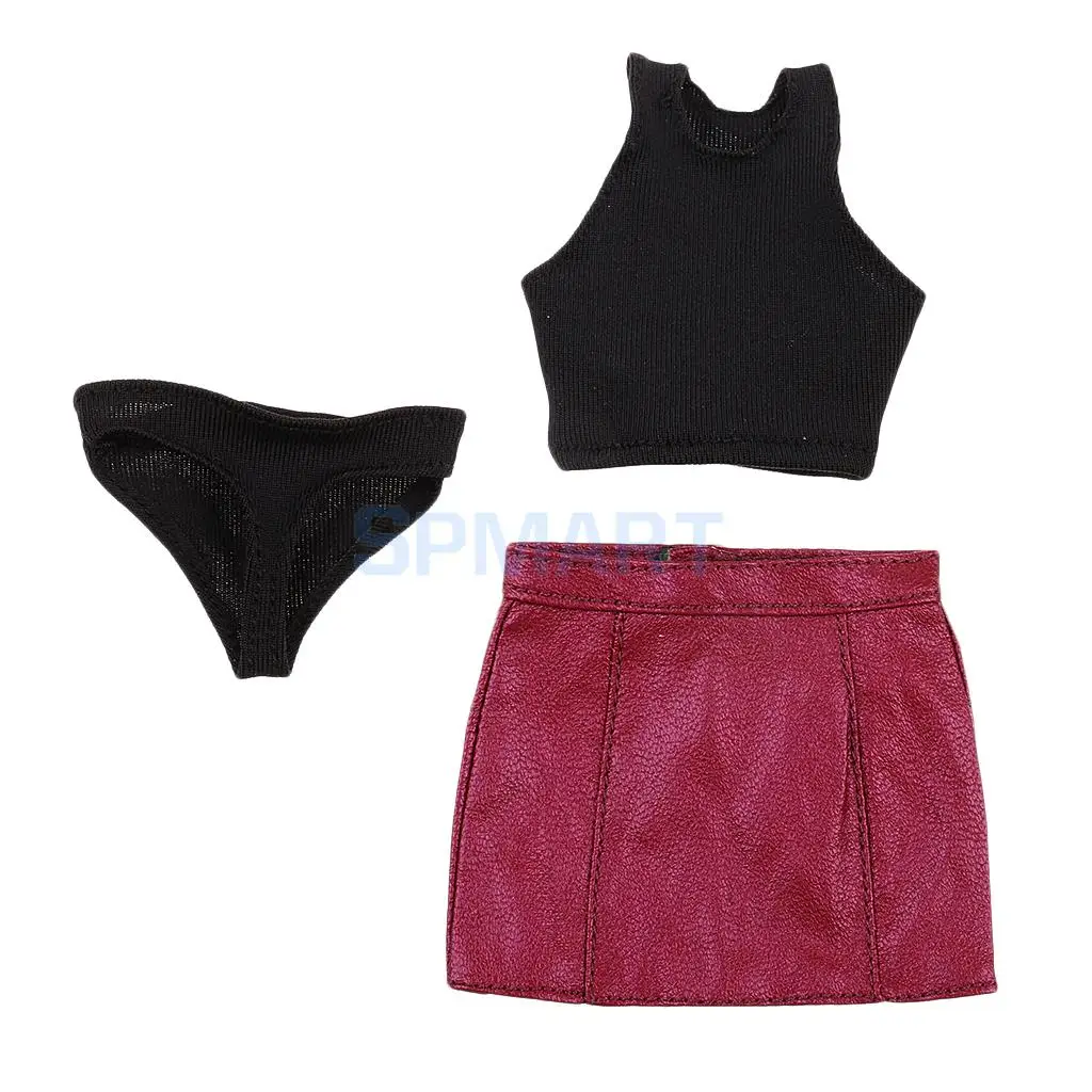 Printed T-shirt /& PU Leather Skirt 1//6 for 12/'/' Female Figure Clothes Accs