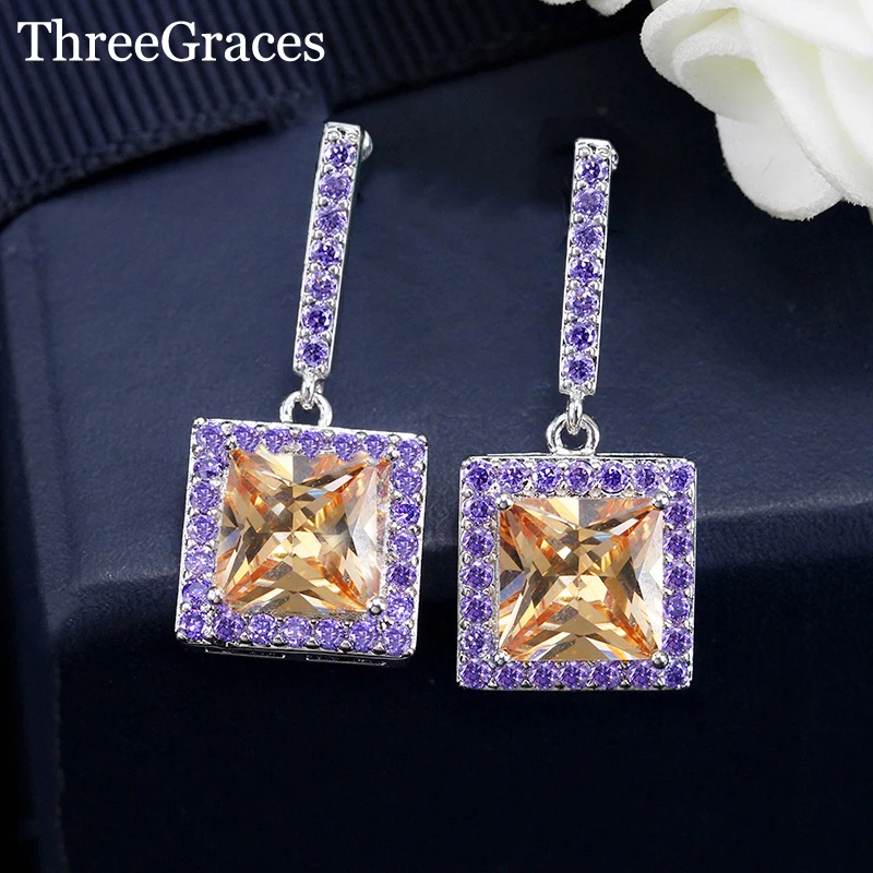 

Threegraces Trendy Purple Champagne Cubic Zircon Stone Full Paved Square Drop Earring Jewelry for Women Accessories ER076