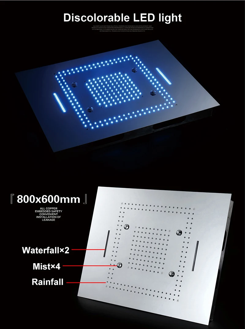 600*800 мм светодиодный Лейка для душа Misty водопад дождевая Лейка спа Термостатические Смесители для душа Ванная комната Душ спрей струи латунь