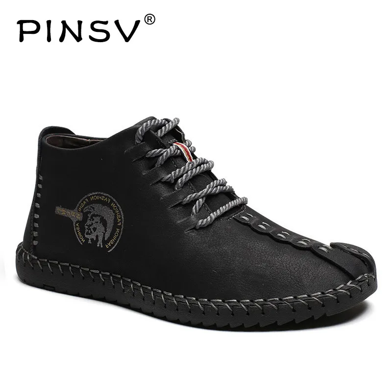 

PINSV Leather Shoes Men Boots High Top Sneakers Men Winter Shoes Warm Fur Men Footwear Black Chaussure Homme Plus Size 38-48