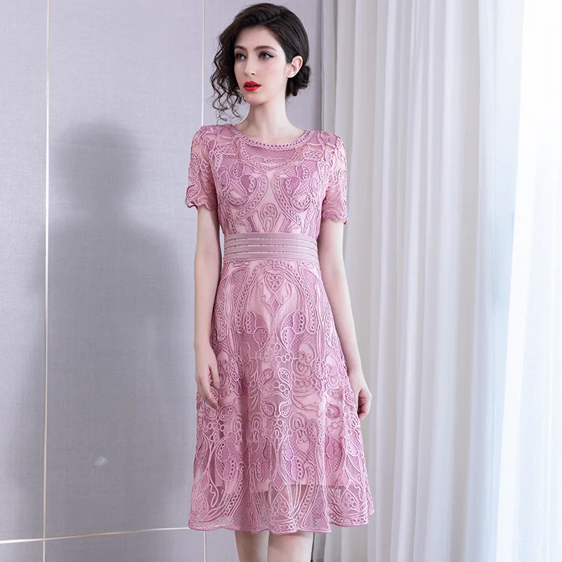 

XXXXL Dress Vestidos De Festa 2019 Summer Fashion Party Cocktail Women O-Neck Allover Exquisite Embroidery Dress Blue Wine Red