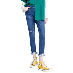 Toyouth Высокая талия узкие джинсы для женщин 2019 Весна письмо вышивка рваные штаны кисточкой нерегулярные джинсовые брюки