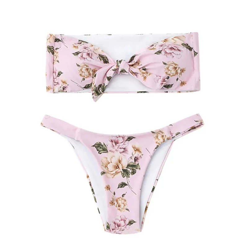 Summer Bikini Set Knotted Tie Wrap Chest Swimwear Women's Swimsuits with High Waist Sexy bikinis Flower bathing suit 3J21  (4)