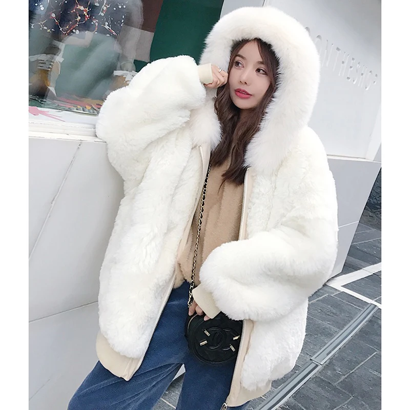 

Two Side Wearing 2019 Winter Women Fluffy Hairy Faux Fox Fur Jackets Hooded Zipper Thick Warm Short Fake Fur Black White W1694