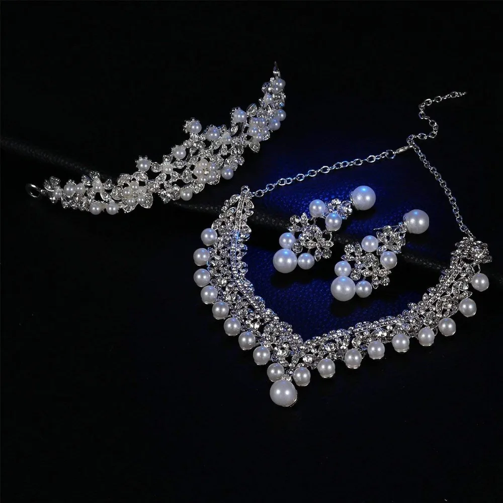 Frcolor Wedding Pearl Crown Tiara Flower Rhinestone Crystal Neckalce and Earrings Bridal Jewelry Sets (2)