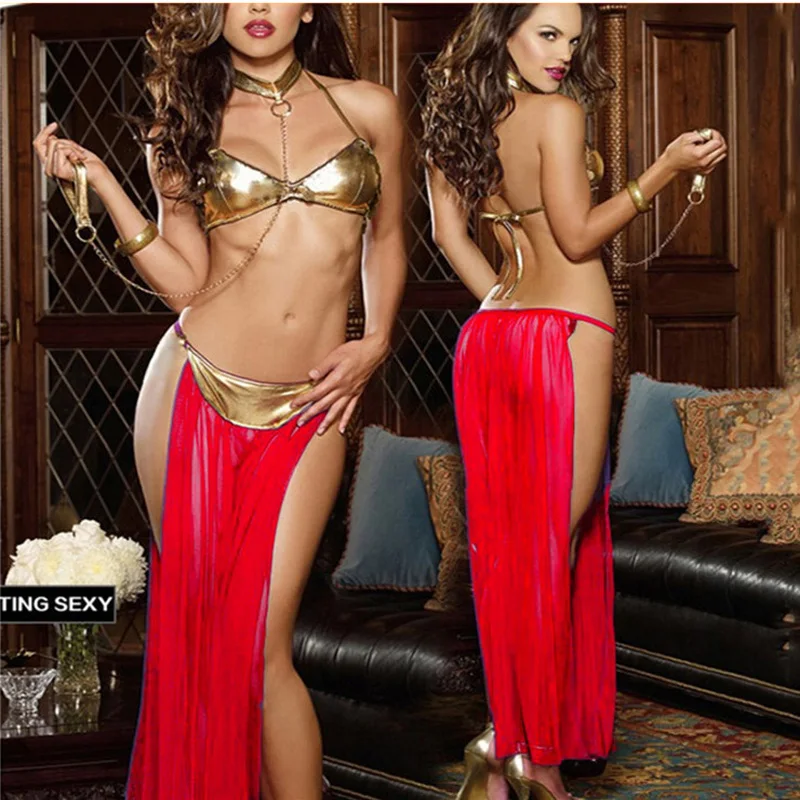 Sexy Gold Leather Bikini Erotic Lingerie Nightclub Wear Pole Dancing Wear Bar Girl Maid Dress