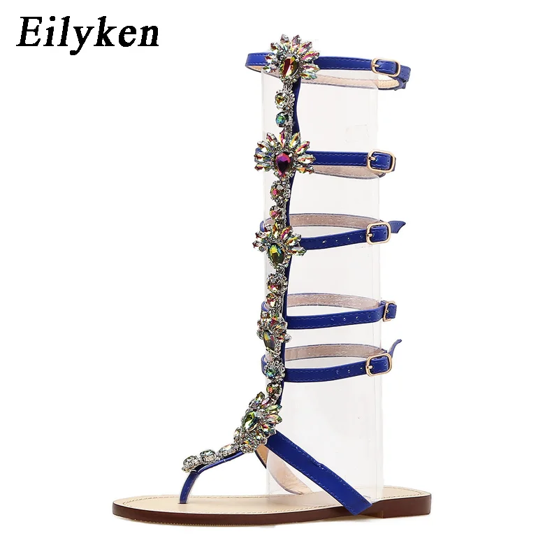 Eilyken/женские блестящие туфли на плоской подошве со стразами; повседневные сандалии-гладиаторы с пряжкой и ремешком, окаймленными кристаллами; передний и задний ремешок; сандалии на плоской подошве - Цвет: Blue