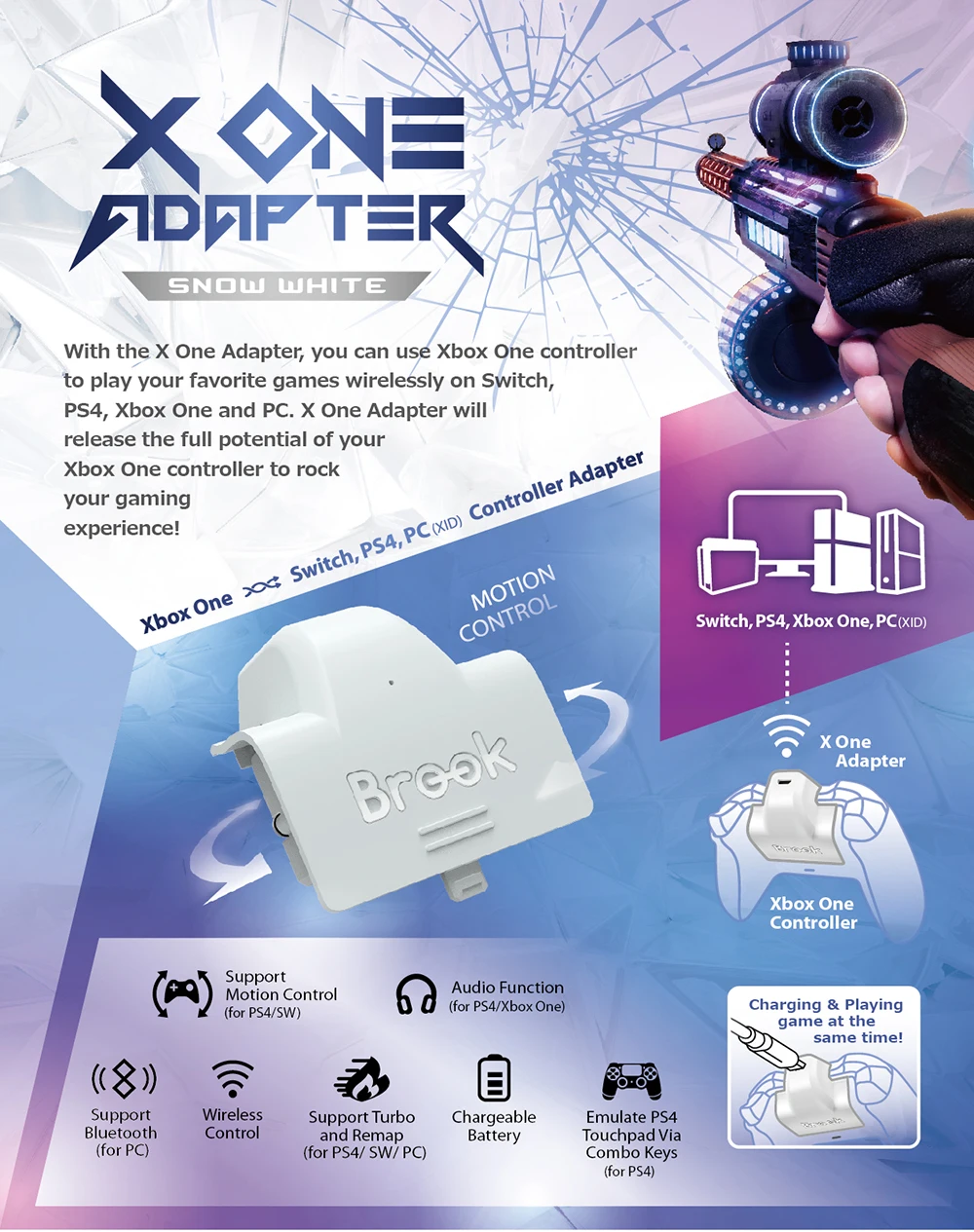 Адаптер Brook X One для Xbox One для PS4/kingd Switch для Xbox One/PC Беспроводной адаптер и перезаряжаемая батарея белый