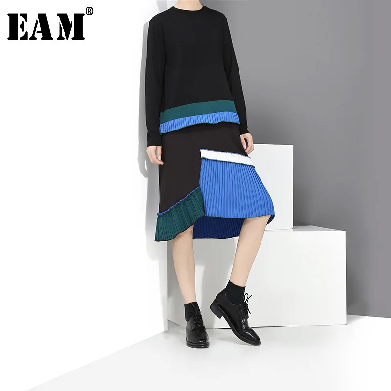 

[EAM] 2019 New Spring Summer Round Neck Long Sleeve Black Hem Blue Pleated Stitching Loose Dress Women Fashion Tide JH442