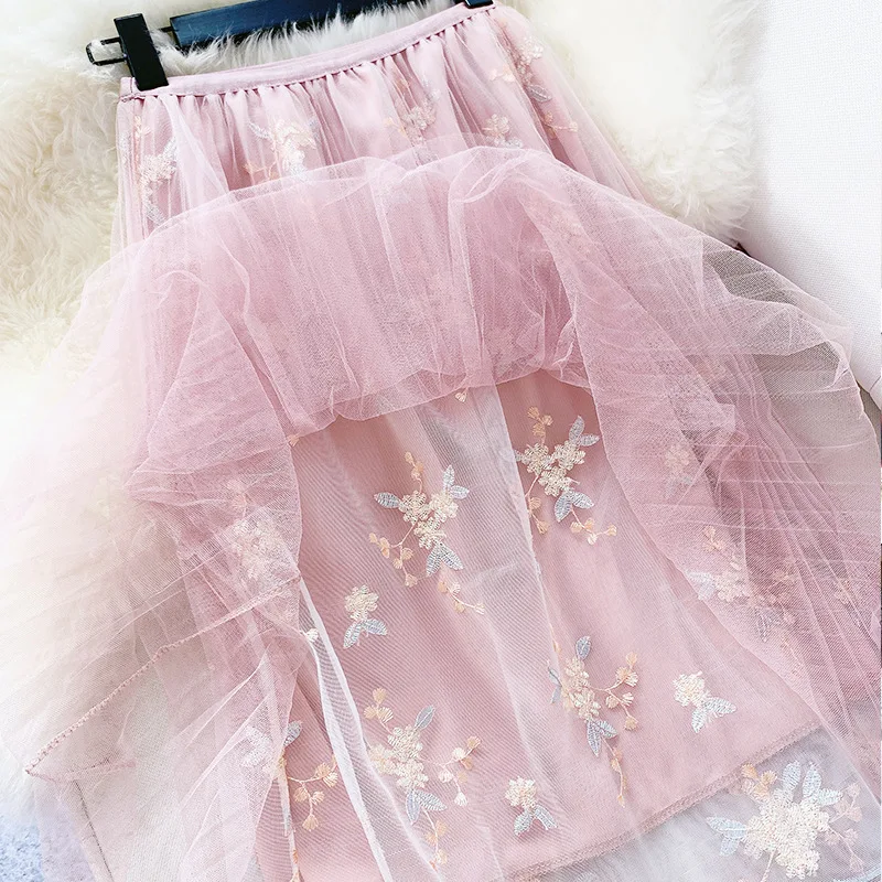 

High Quality Embroidery Floral Tulle Skirt for Women Casual High Elastic Waist Pleated Skirts Female A Line Midi Long Tutu Skirt