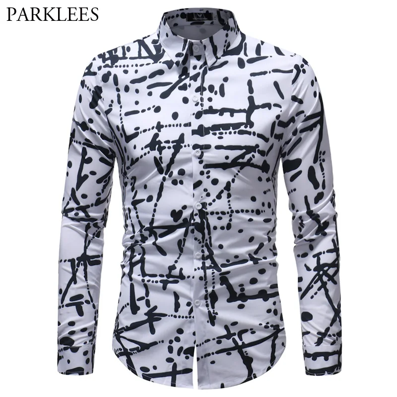 

Black White Graffiti Print Shirt Men 2018 Fashion Casual Button Down Dress Shirts Mens Long Sleeve Social Shirt Camisa Hombre