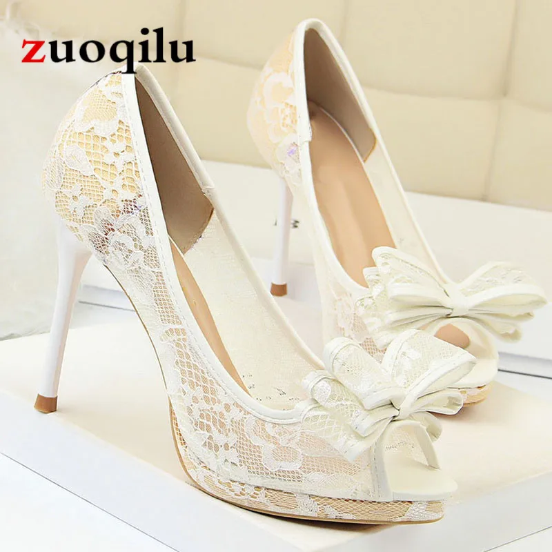Sexy platform heels Peep Toe Lace Black high heels shoes White wedding shoes ladies sandals Pumps Women shoes 2019