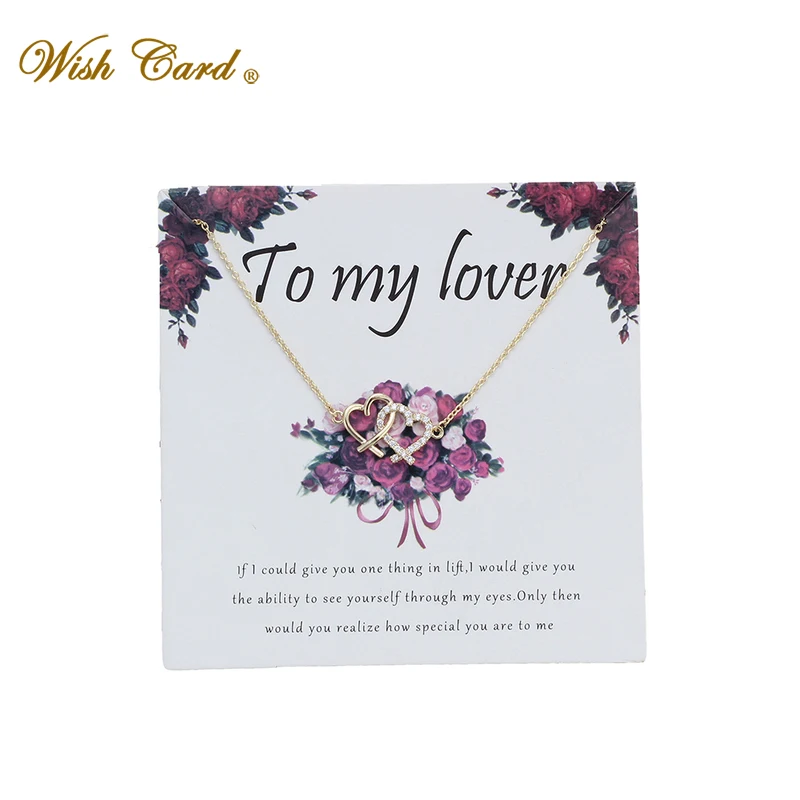 

Wish Card Two Love Heart Golden Pendant Copper Necklace Valentine Present Memory Wedding Necklace Gift for Lover Dropship EY6033