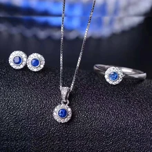 Модный натуральный драгоценный камень комплект ювелирных изделий для вечерние 3 мм Диаметр природные Шри Lank сапфир сережек с кольцами-подвесками серебряные ювелирные изделия
