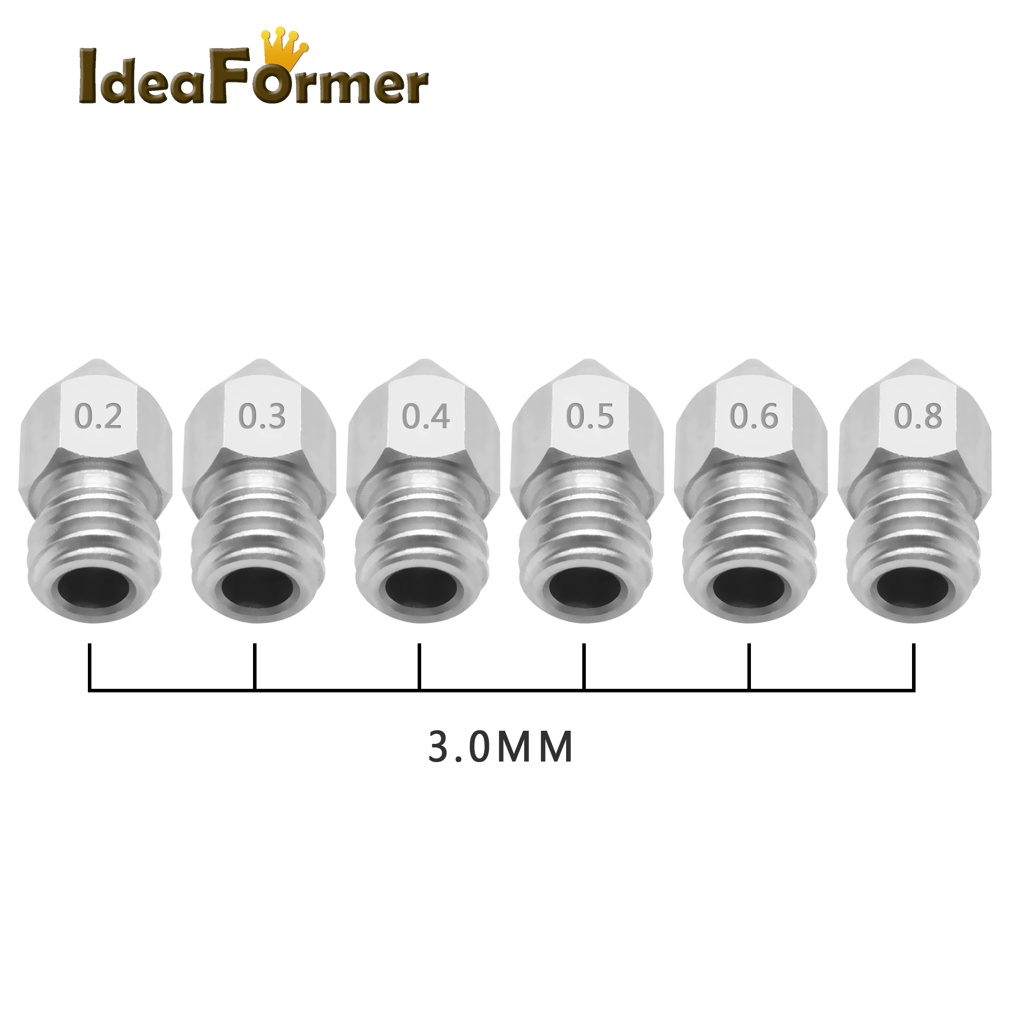 5pcs MK8 Nozzle 0.2/0.3/0.4/0.5/ 0.6/0.8mm M6 Threaded Stainless Steel for 1.75/3.0mm Filament 3D Printer Extruder Print Head