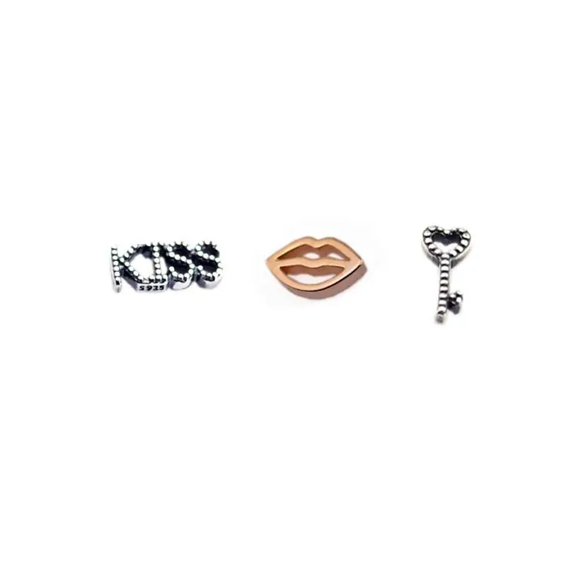 

100% 925 Sterling Silver Love ,Kiss, Key Petite Beads Fit Floating Charm DIY Necklaces for Women Fine Jewelry YL60-63