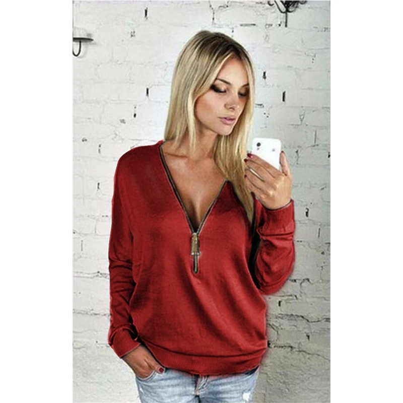 Women Sexy Fashion Batwing Sleeve Blouse Deep V Collar Zipper Sweater Long Sleeved T-shirt Plus Size S-5XL (12)