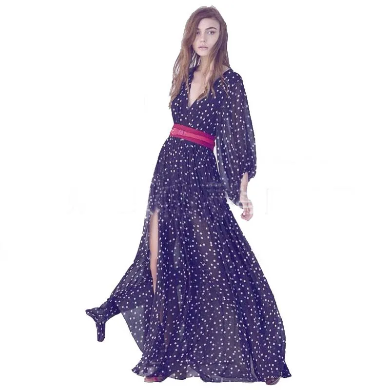 

Plus Size Casual Polka Dot Summer Bohemian Beach Dress Long Sleeve V Neck Slit Maxi Women Dresses Vestidos Verano 2019