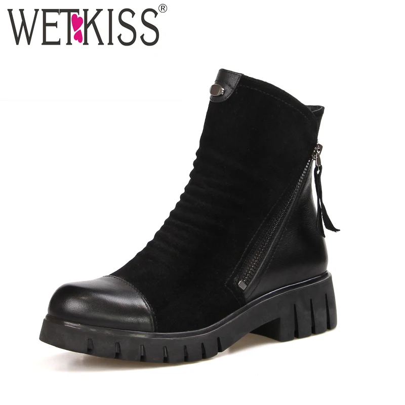 WETKISS/2018 г. Зимние ботильоны на толстом каблуке женские ботинки с круглым носком