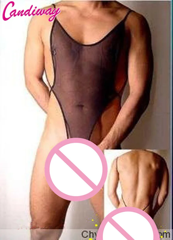 Men's Sexy Bodysuit Leotard Mesh Black Transparent Silk Cock Dick Penis Sleeve Fishnet Teddy Lingerie Erotic Underwear