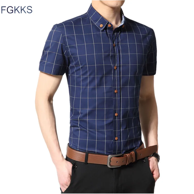 FGKKS Новая летняя брендовая модная Клетчатая Мужская рубашка высокого качества с коротким рукавом мужская повседневная рубашка Silm Fit