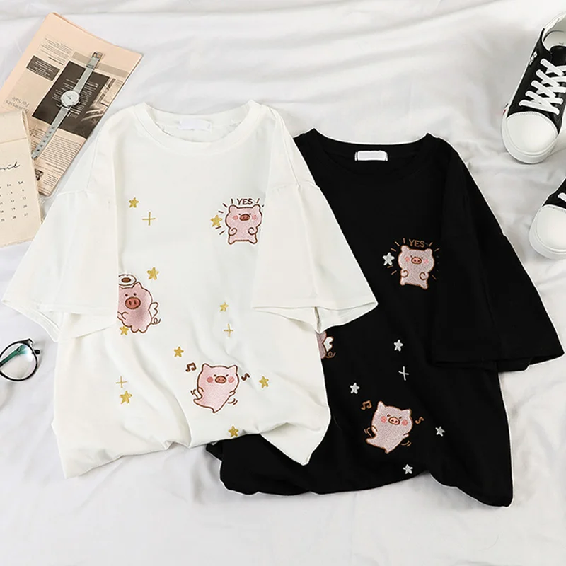 korean kawaii Stripped T Shirt New Fashion Clothes for Women Summer tees Tops embroidery 90's girls