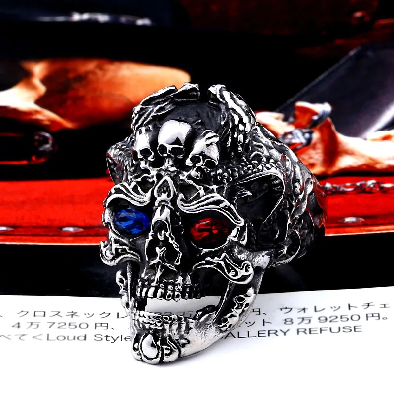 BEIER punk cool three skull With Blue/red eye Ring Stainless Steel Punk fashion for men jewelry Halloween party BR8-647