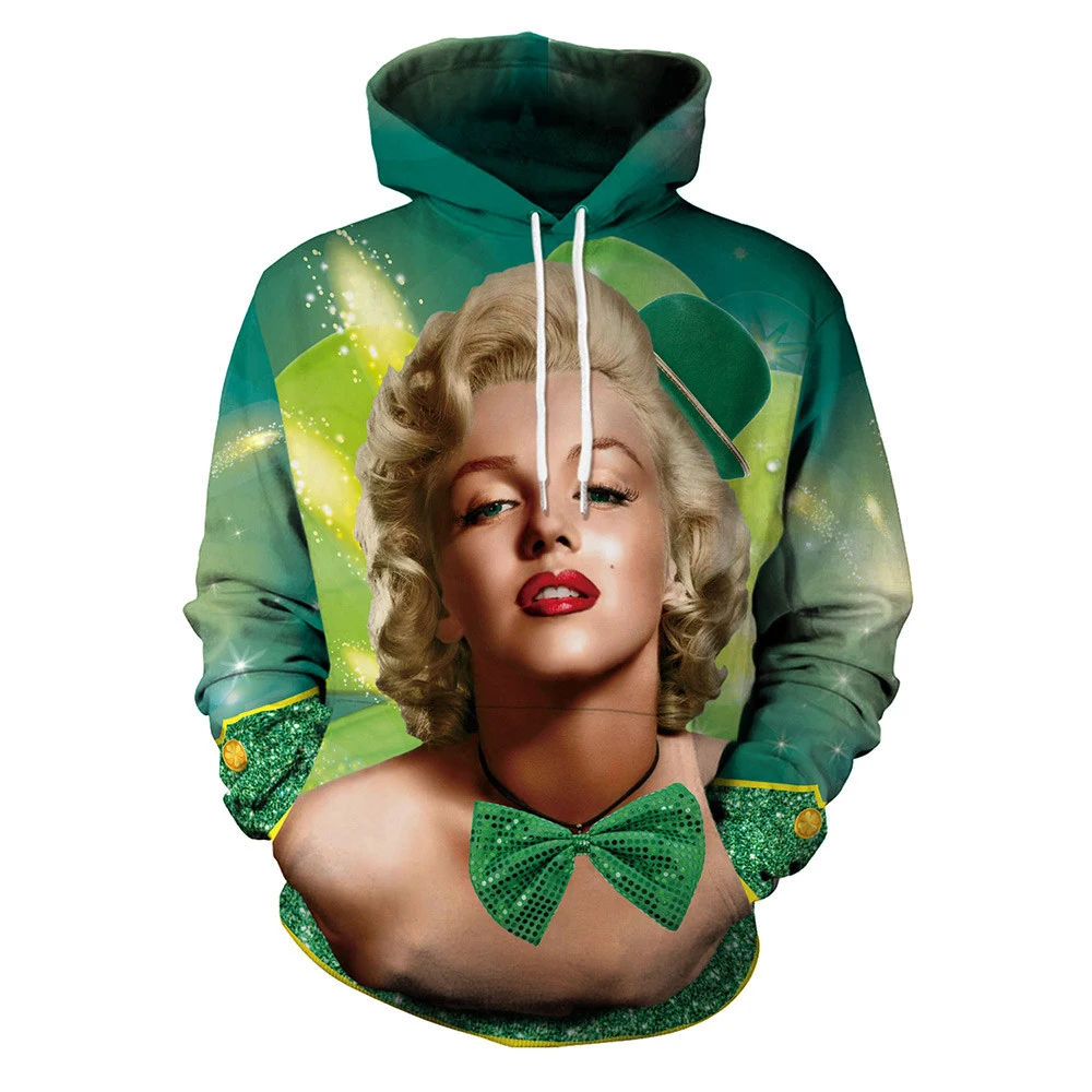 Зеленый Lucky Clover женские толстовки с капюшоном Сексуальная Мэрилин 3D Frinted Hoodie повседневное Harajuku пуловер