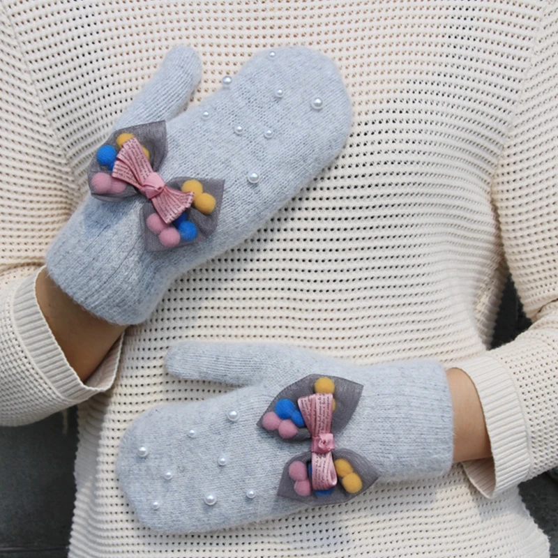 Зимние перчатки Для женщин с бантом и жемчугом модные Прихватки для мангала кролик Мех животных полный палец трикотажные варежки для женщин Прихватки для мангала