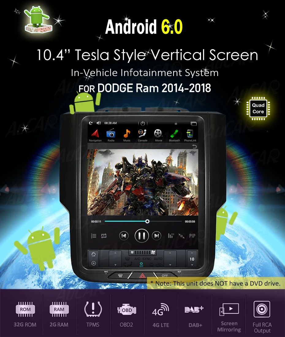 Excellent Android 6.0 Tesla Style 10.4" Car DVD Player for Dodge RAM GPS System Audio 2014 - Bluetooth Radio WIFI 4G Vertical Stereo IPS 6