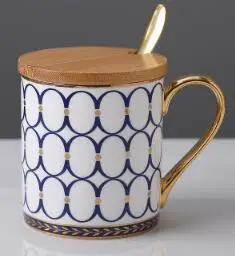 Керамическая кофейная кружка, посуда золотая цепочка на голову кружка для молока с крышкой и ложкой - Цвет: blue banmboo lid
